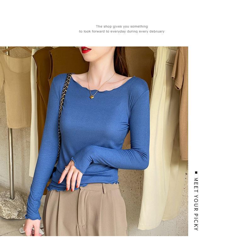 Candy color wood ear edge long sleeve T-shirt women's spring new style inner wear slim student solid color bottoming shirt ins top