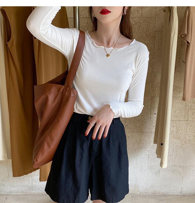 Candy color wood ear edge long sleeve T-shirt women's spring new style inner wear slim student solid color bottoming shirt ins top
