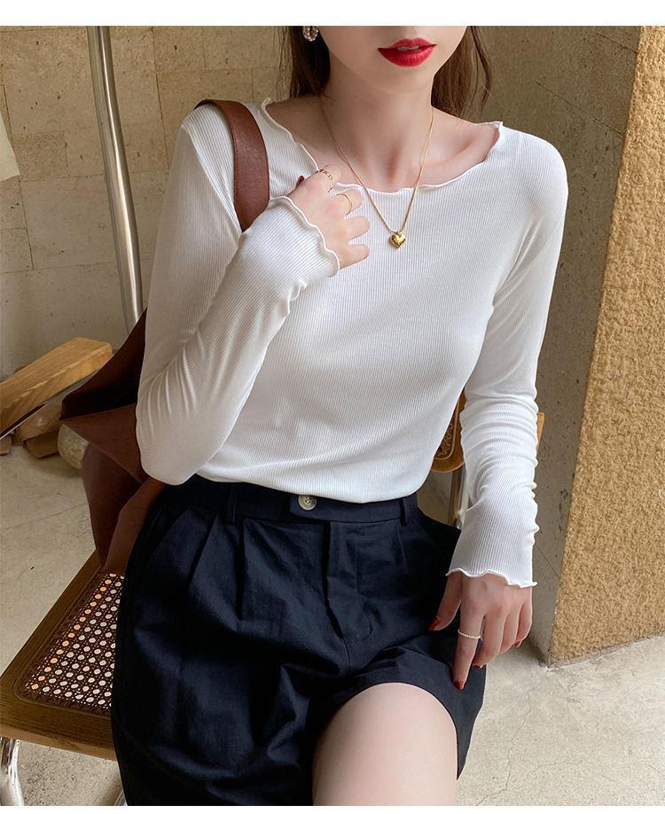 Candy color wood ear edge long sleeve T-shirt women's spring new style inner wear slim student solid color bottoming shirt ins top