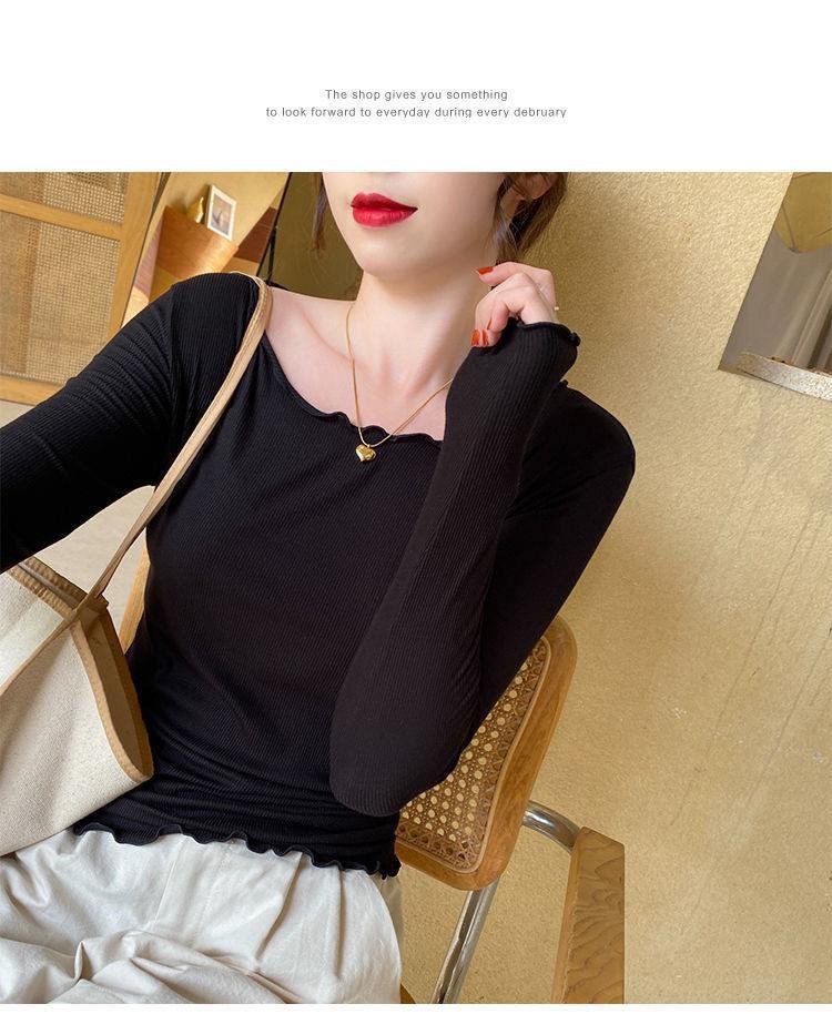 Candy color wood ear edge long sleeve T-shirt women's spring new style inner wear slim student solid color bottoming shirt ins top