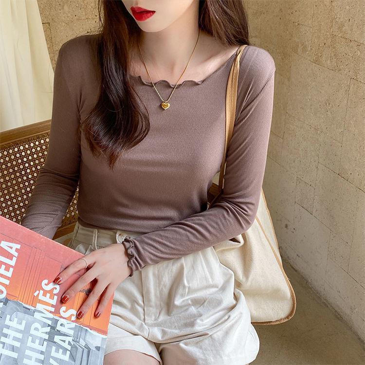 Candy color wood ear edge long sleeve T-shirt women's spring new style inner wear slim student solid color bottoming shirt ins top