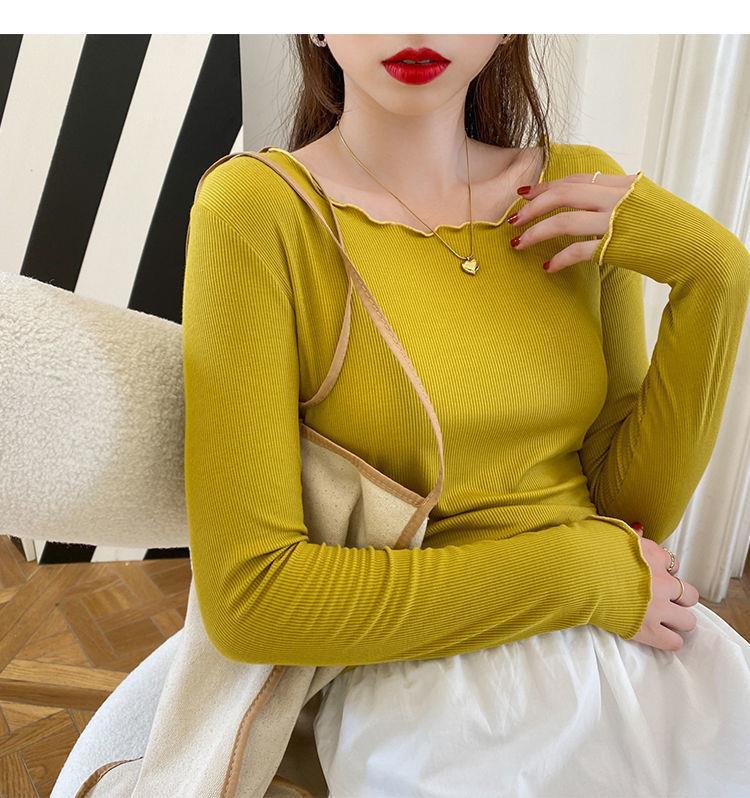 Candy color wood ear edge long sleeve T-shirt women's spring new style inner wear slim student solid color bottoming shirt ins top
