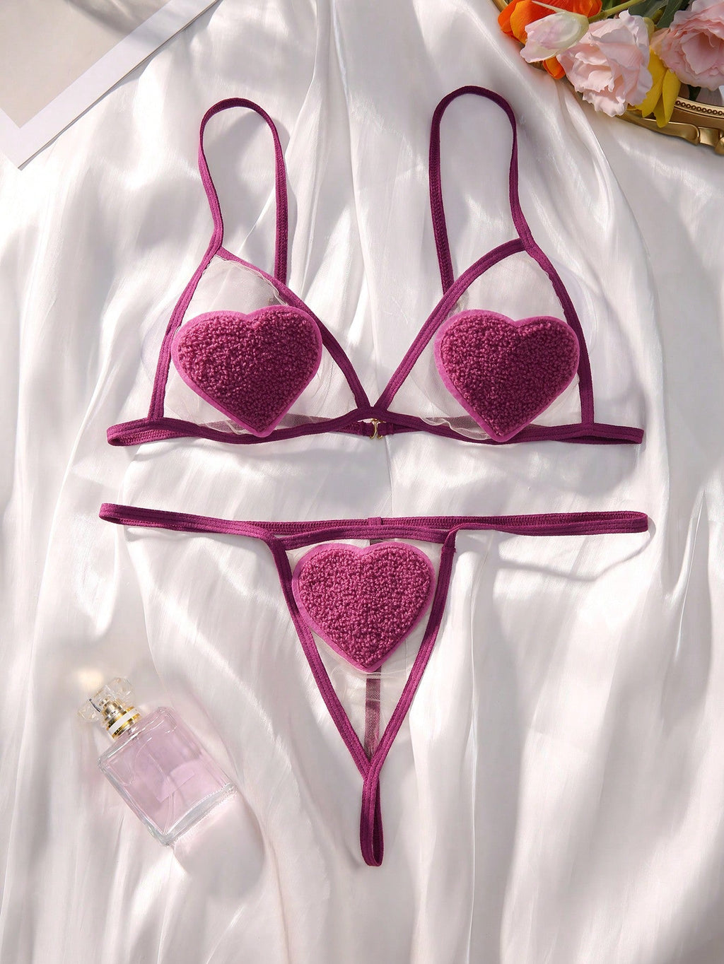 Classic Sxy Heart Patched Mesh Lingerie Set