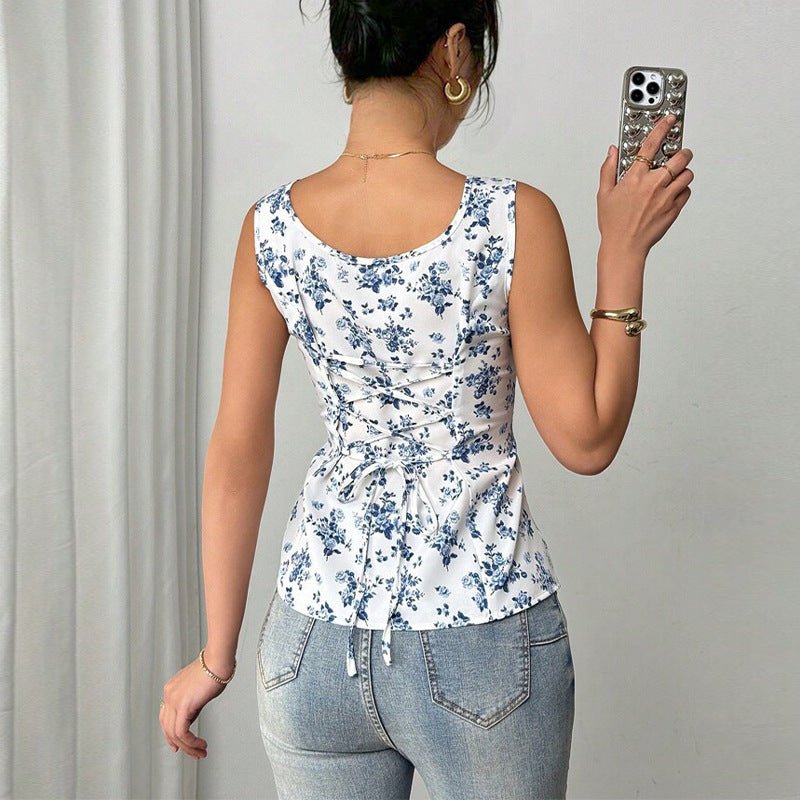 2025 summer and holiday style floral small vest suspender top lace-up women