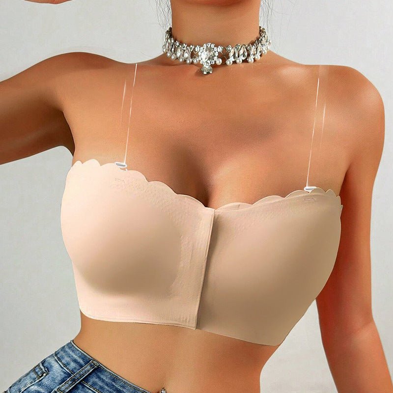 European and American cross-border front buckle seamless strapless tube top underwear removable chest pad sexy gathering bra women's summer