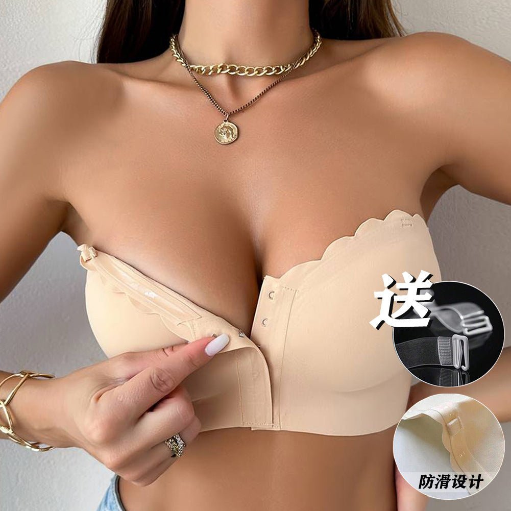 European and American cross-border front buckle seamless strapless tube top underwear removable chest pad sexy gathering bra women's summer