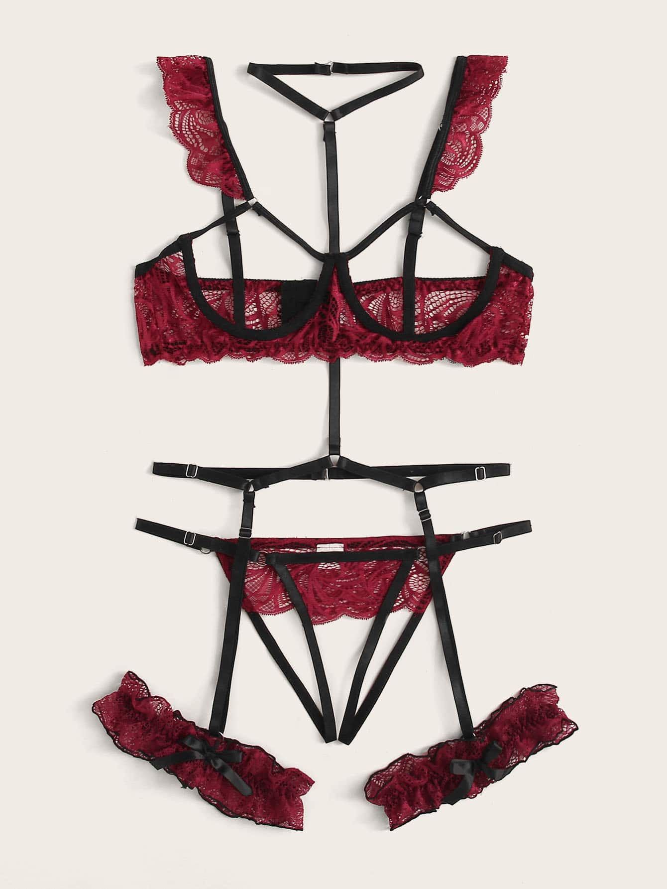 Floral Lace Underwire Garter Lingerie Set With Choker