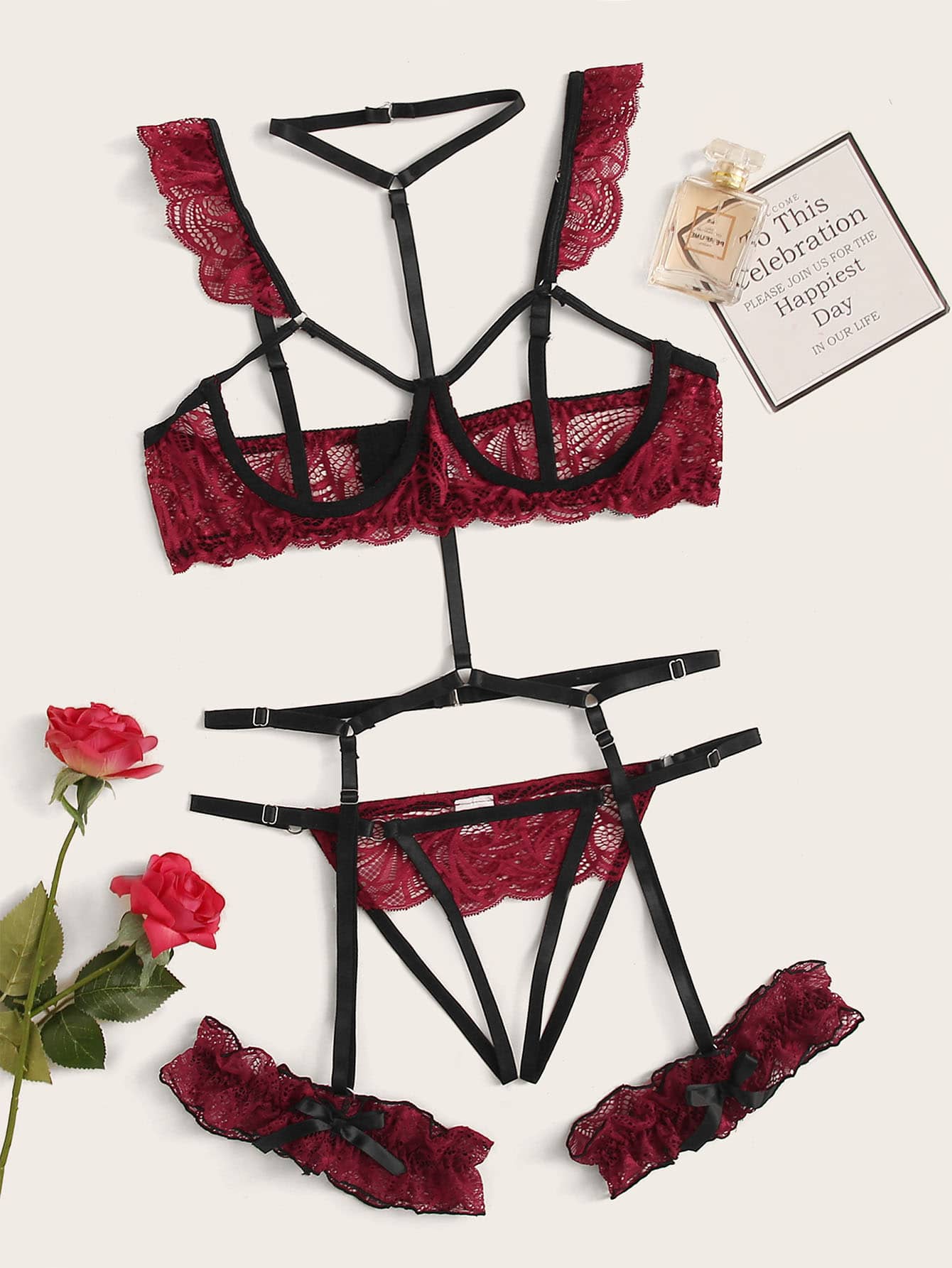 Floral Lace Underwire Garter Lingerie Set With Choker