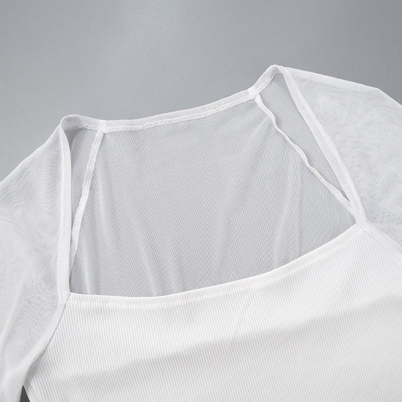 Solid color square collar long sleeve slim mesh splicing top