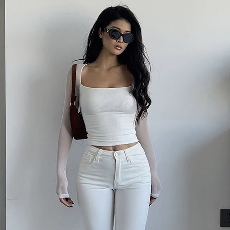Solid color square collar long sleeve slim mesh splicing top