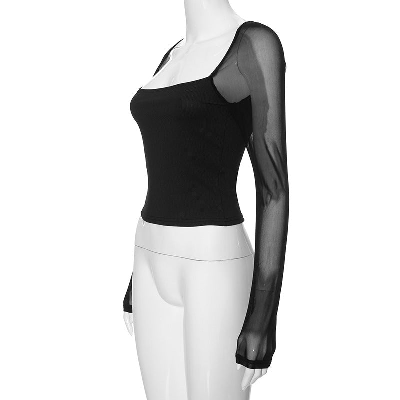 Solid color square collar long sleeve slim mesh splicing top
