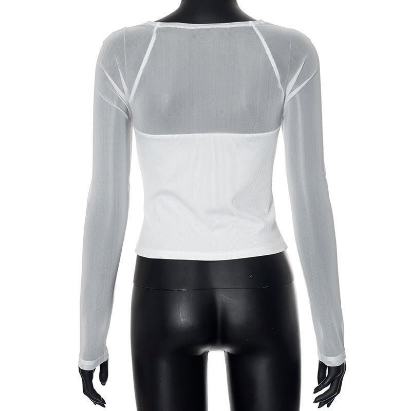Solid color square collar long sleeve slim mesh splicing top