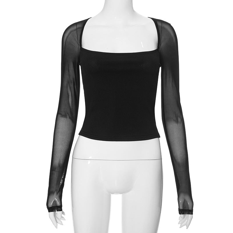 Solid color square collar long sleeve slim mesh splicing top