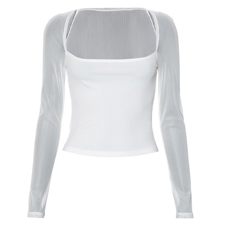 Solid color square collar long sleeve slim mesh splicing top