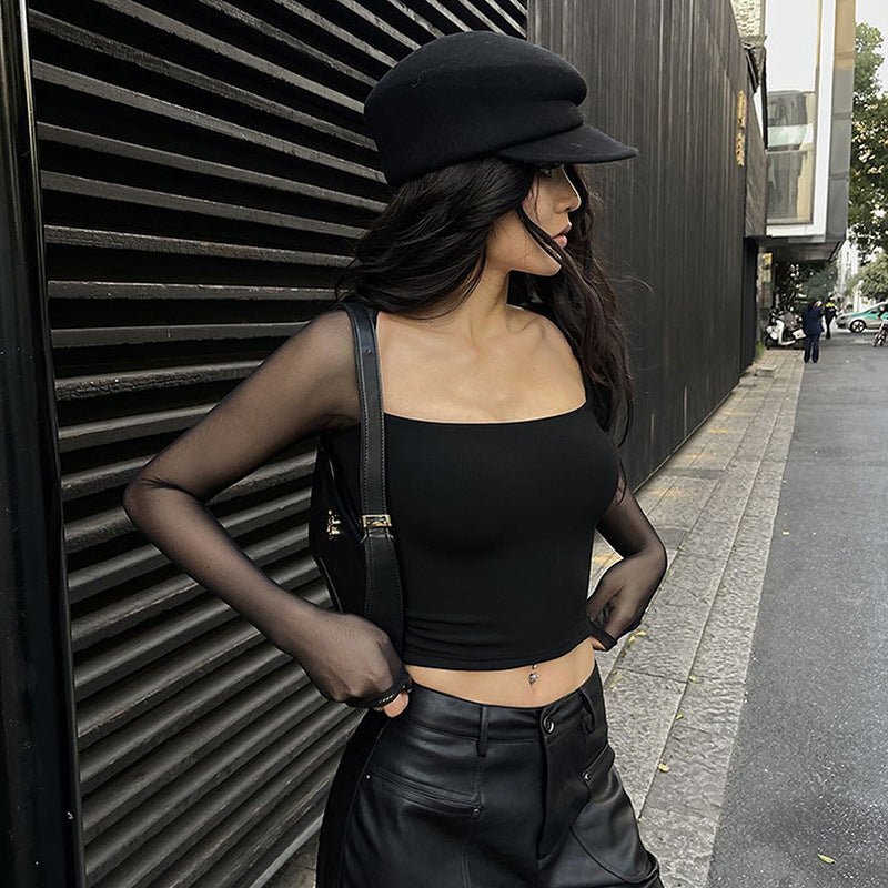 Solid color square collar long sleeve slim mesh splicing top