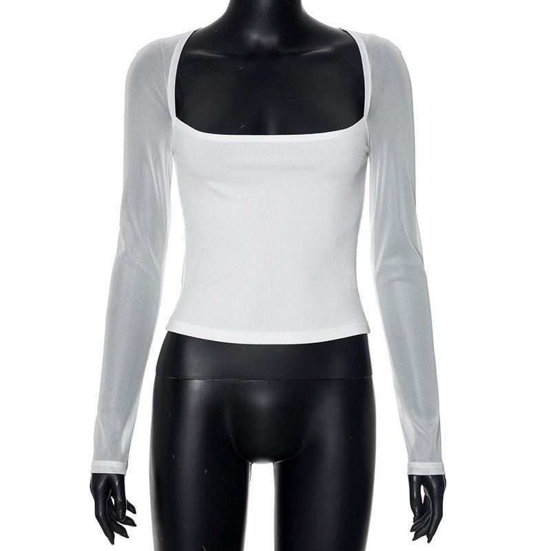 Solid color square collar long sleeve slim mesh splicing top