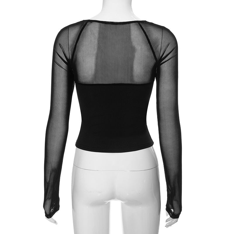 Solid color square collar long sleeve slim mesh splicing top