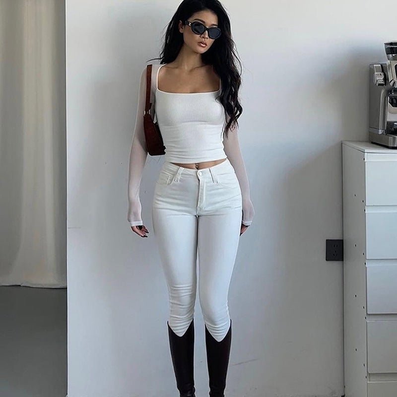 Solid color square collar long sleeve slim mesh splicing top