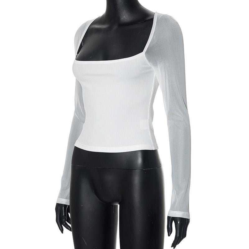 Solid color square collar long sleeve slim mesh splicing top
