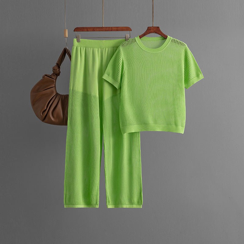 Summer casual fashion versatile round neck solid color short-sleeved loose knitted hollow wide-leg pants two-piece set