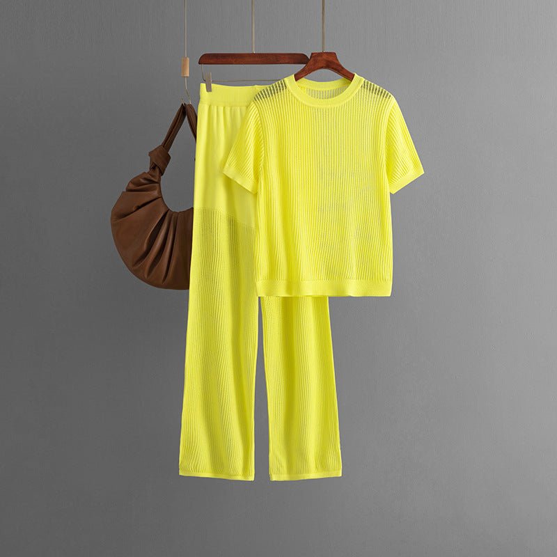 Summer casual fashion versatile round neck solid color short-sleeved loose knitted hollow wide-leg pants two-piece set
