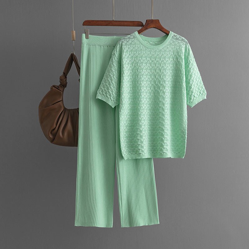Solid color hollow casual round neck fashion suit short sleeve trousers knitted two-piece set