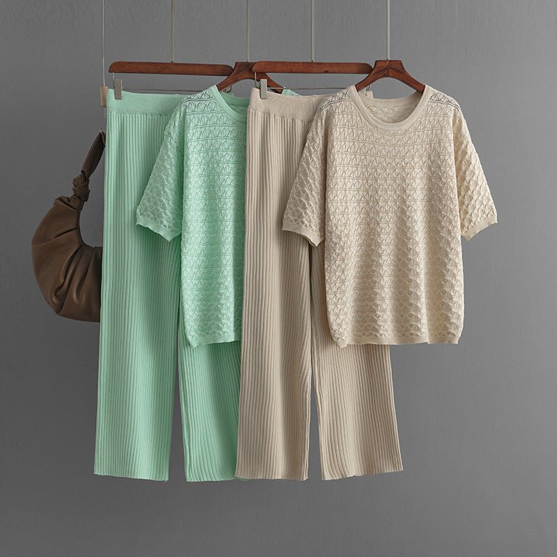 Solid color hollow casual round neck fashion suit short sleeve trousers knitted two-piece set