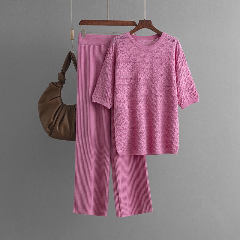 Solid color hollow casual round neck fashion suit short sleeve trousers knitted two-piece set