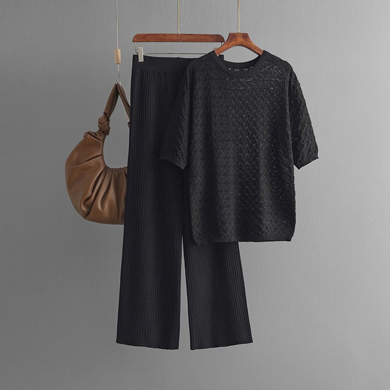 Solid color hollow casual round neck fashion suit short sleeve trousers knitted two-piece set
