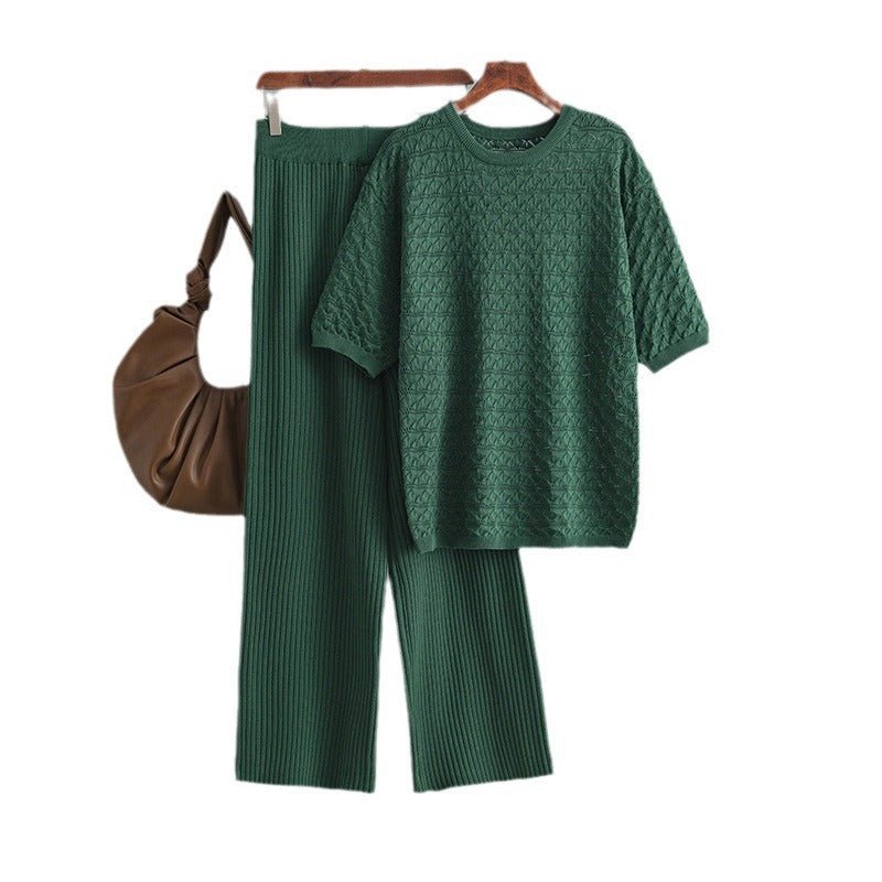 Solid color hollow casual round neck fashion suit short sleeve trousers knitted two-piece set