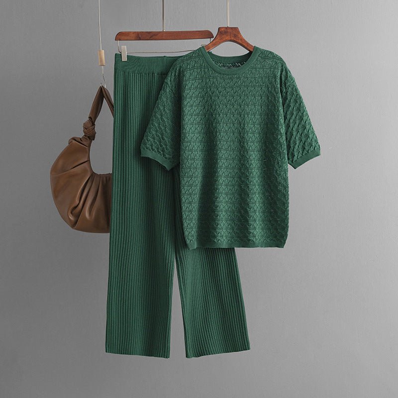 Solid color hollow casual round neck fashion suit short sleeve trousers knitted two-piece set