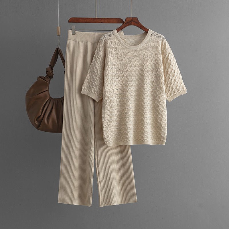 Solid color hollow casual round neck fashion suit short sleeve trousers knitted two-piece set