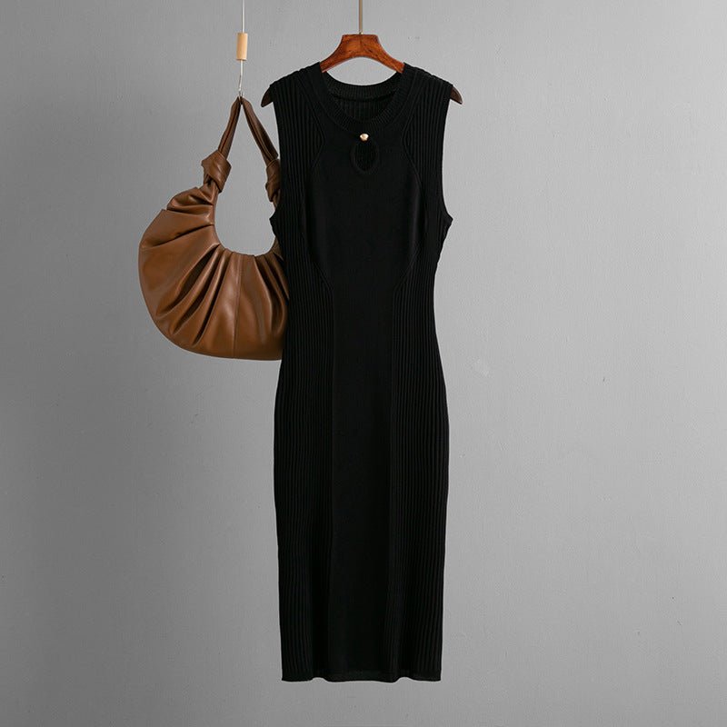 Summer round neck sleeveless ice silk knitted dress slim temperament solid color bottoming skirt medium and long