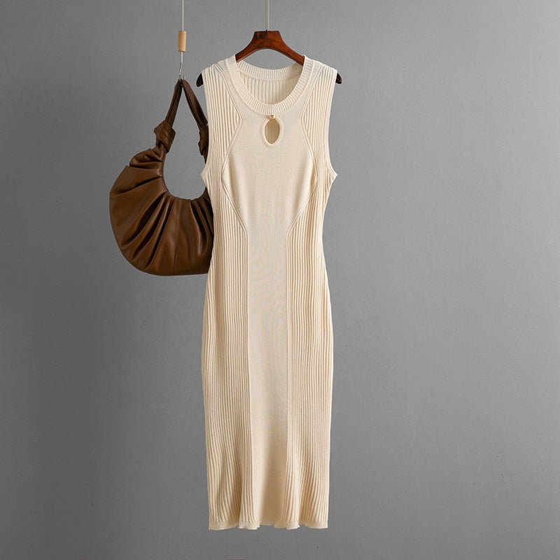 Summer round neck sleeveless ice silk knitted dress slim temperament solid color bottoming skirt medium and long