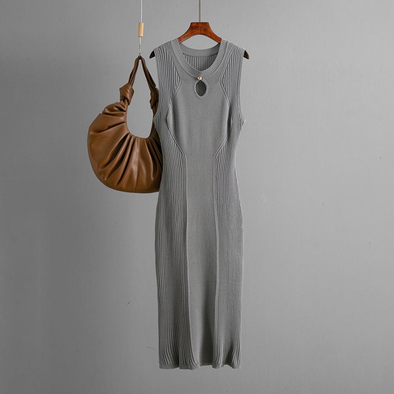 Summer round neck sleeveless ice silk knitted dress slim temperament solid color bottoming skirt medium and long