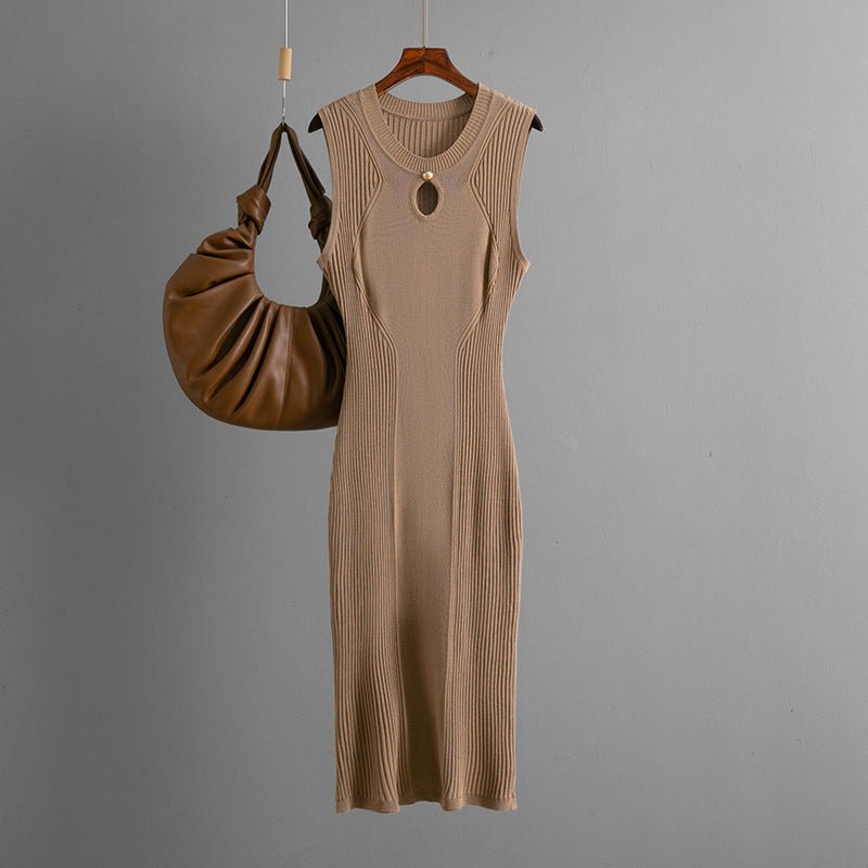 Summer round neck sleeveless ice silk knitted dress slim temperament solid color bottoming skirt medium and long