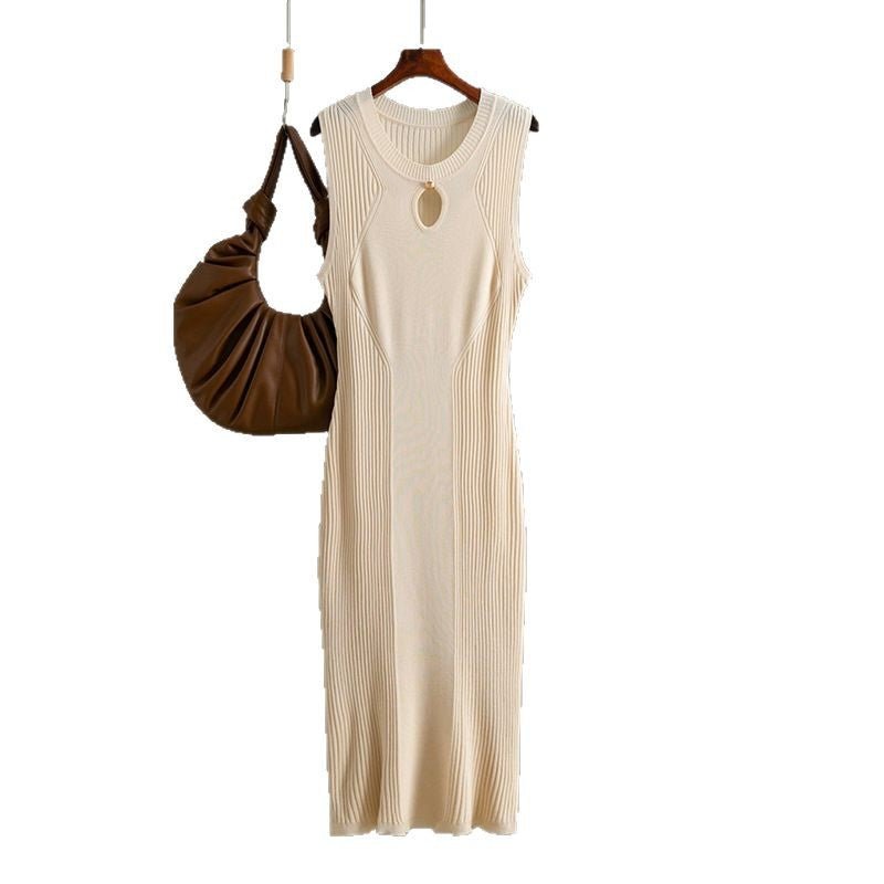 Summer round neck sleeveless ice silk knitted dress slim temperament solid color bottoming skirt medium and long