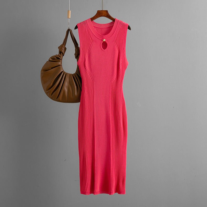 Summer round neck sleeveless ice silk knitted dress slim temperament solid color bottoming skirt medium and long