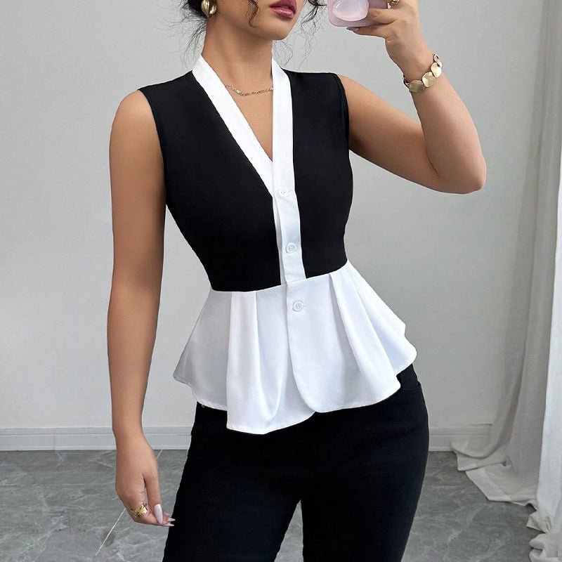 2025 summer and commuter style fake two-piece shirt for women